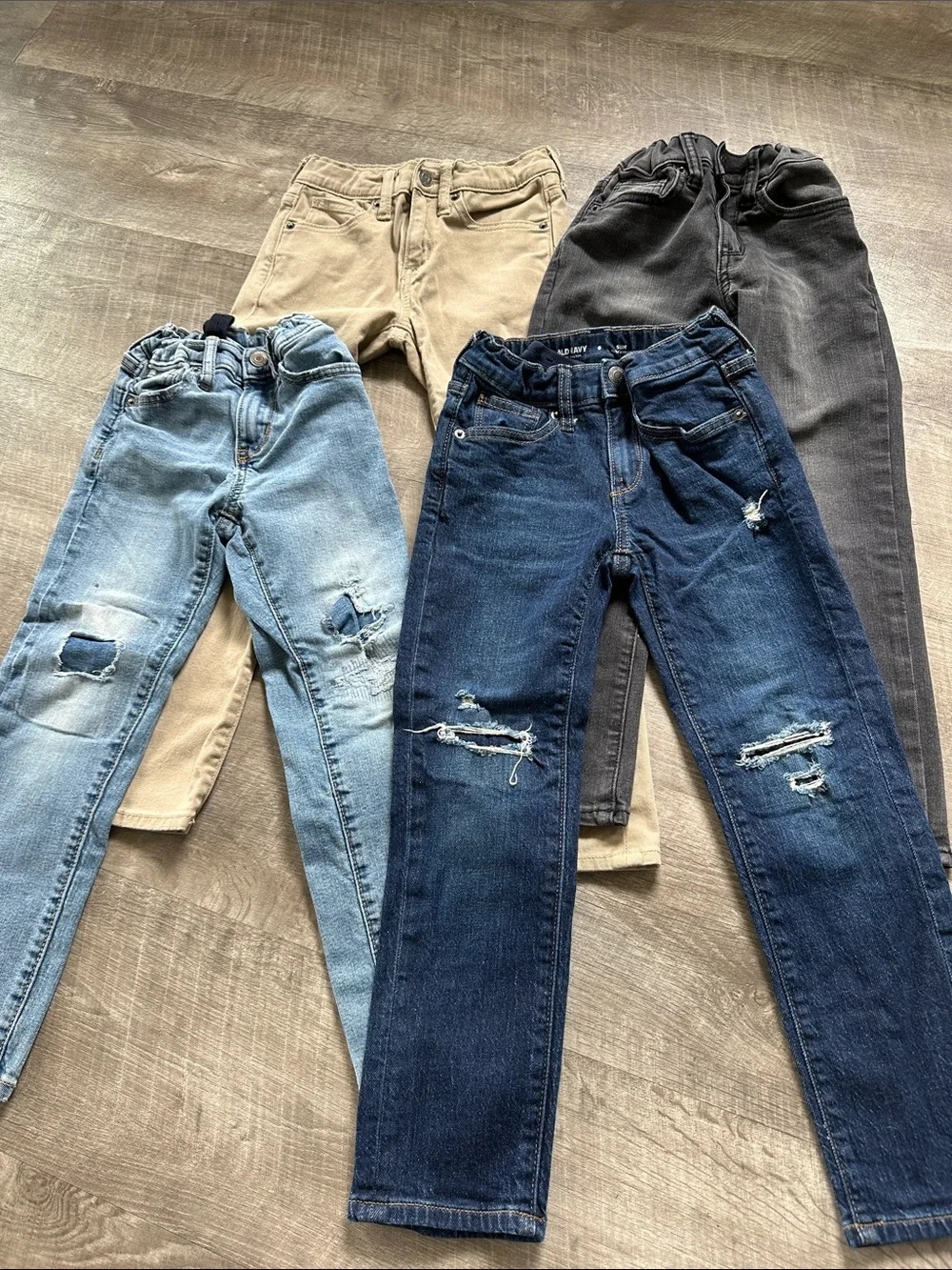 Kids Old Navy Distressed Denim & Knit Pants - Blue, Gray, & Tan, Size 6 Slim